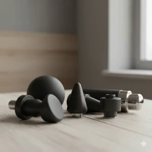 Close-up of different massage head attachments designed for treating chronic back pain and muscle stiffness.