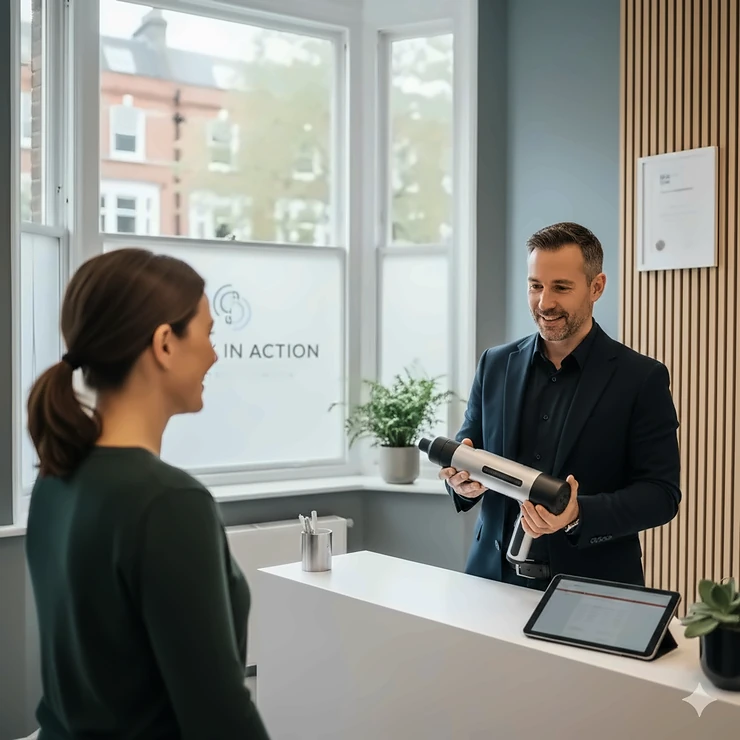 A therapist using a professional percussion massager for chronic back pain on a patient in a UK physiotherapy clinic. professional percussion massager for chronic back pain