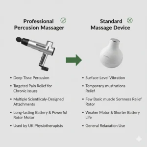 Comparison chart highlighting why a professional percussion massager is more effective for long-term chronic back pain management.
