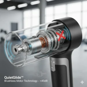 A technical cutaway illustration of a quiet brushless motor, showcasing the low-decibel operation of the massage device.
