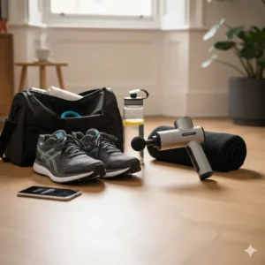 A quiet massage gun and gym gear, designed for athletes living in shared accommodation who value discreet recovery.