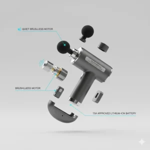 An informative illustration detailing the quiet brushless motor and flight-safe battery of a massage gun designed for travelling.