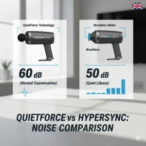 Infographic comparing the decibel levels of Theragun's QuietForce technology against Hypervolt's brushless motor.