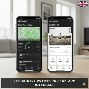 Side-by-side view of the Therabody and Hyperice smartphone apps showing guided recovery routines for British runners.