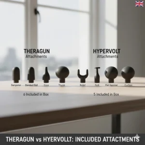 Close-up of different massage gun heads provided in the box for both brands, showing variety and value.