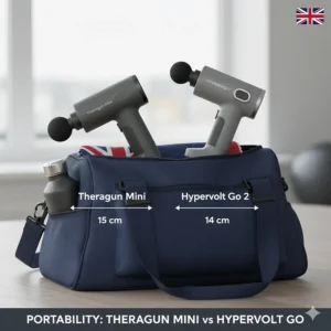 Size comparison of the Theragun Mini and Hypervolt Go 2 inside a standard UK gym bag to show portability.