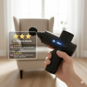 Close-up of a massage gun being held in a modern UK home, featuring 5-star customer reviews from buyers in London and Manchester.