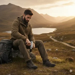 A hiker using a portable massage gun for muscle recovery against the backdrop of the misty Scottish Highlands.