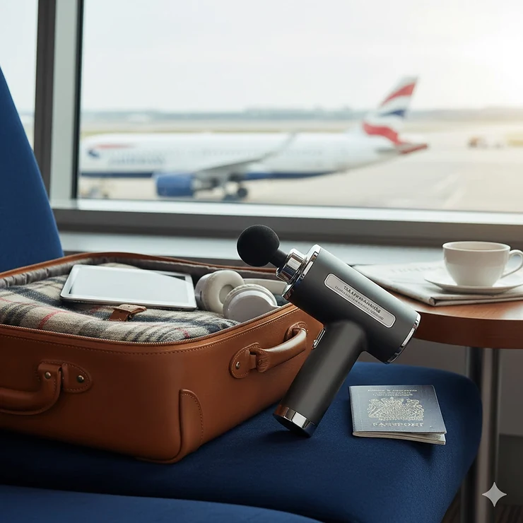 A premium travel massage gun with a TSA approved battery sitting on an airport lounge chair next to a leather carry-on suitcase, British passport, and a cup of tea. travel massage gun with tsa approved battery