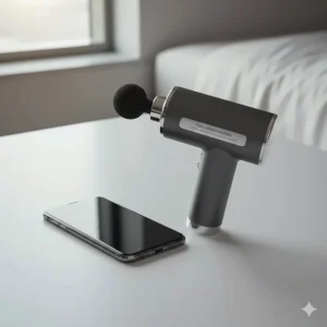 A size comparison between a travel massage gun and a standard smartphone to demonstrate its ultra-compact, lightweight design.