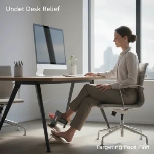 A professional using a quiet mini percussion massager at an office desk to alleviate foot strain during a long working day.