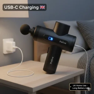 A budget massage gun charging via USB-C on a bedside table, highlighting long battery life for convenient home use in the UK.