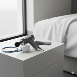 A modern travel massage gun being charged via a UK 3-pin power adapter, ideal for long-distance holiday travel.
