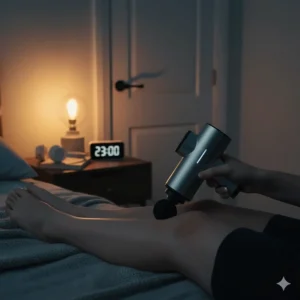 Close-up of a silent massage gun being used for muscle recovery late at night without waking up housemates in a shared house.
