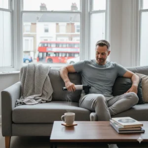 A person sitting on a sofa in a British living room using a professional percussion massager for chronic back pain relief.