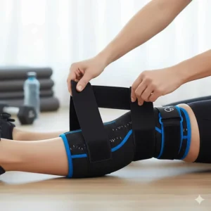 Demonstration of the adjustable straps on a recovery wrap to fit different calf sizes for optimal shin splint compression.