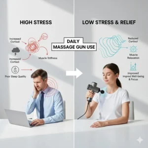 Alt text for image 8 Infographic showing how regular massage gun use helps reduce workplace stress, cortisol levels, and muscle stiffness for UK professionals.