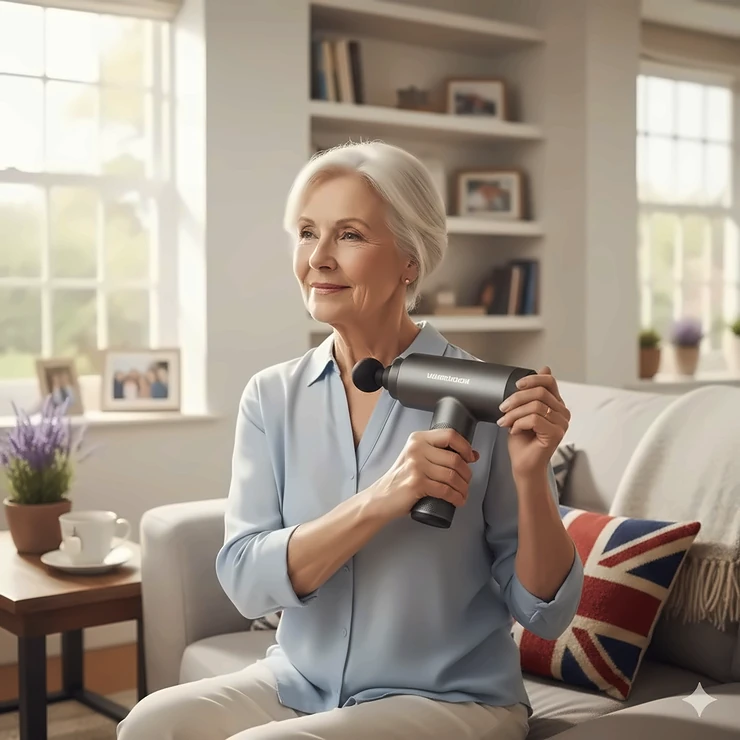 A senior person in a British living room easily holding a lightweight massage gun to soothe their shoulder, highlighting an ergonomic grip for limited hand strength. massage gun for elderly with limited hand strength