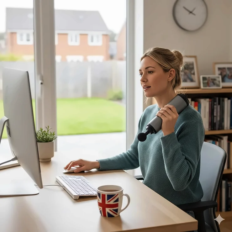 Alt text for image 1 A British office worker using a handheld massage gun to relieve neck and shoulder tension while sitting at a desk with a cup of tea. massage gun for neck and shoulder pain office workers