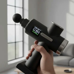 An illustration showing the digital LED display and long-life battery of a budget-friendly massage gun.