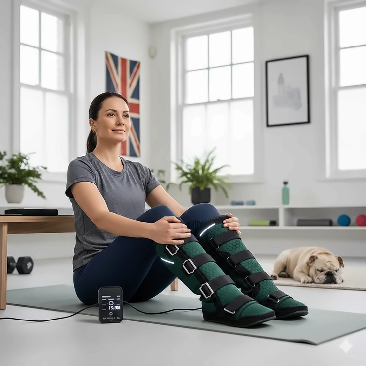 A person using a specialised compression device for calf muscle recovery and shin splints relief in a home gym setting. device for calf muscle recovery and shin splints
