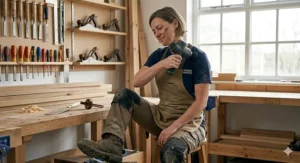 A photorealistic 4K photograph capturing a female British carpenter with dusty clothes using a dark, rugged percussion massager on her right shoulder for recovery while seated in a detailed workshop.