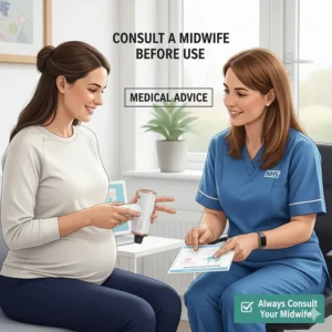A pregnant woman in a UK clinical setting consulting a midwife in an NHS-style uniform about the safe use of massage tools.