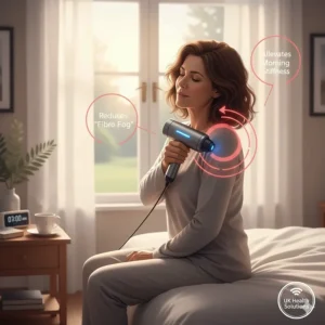 A person sitting on a bed at 7:00 AM using a massager to alleviate morning stiffness and symptoms of fibro fog.