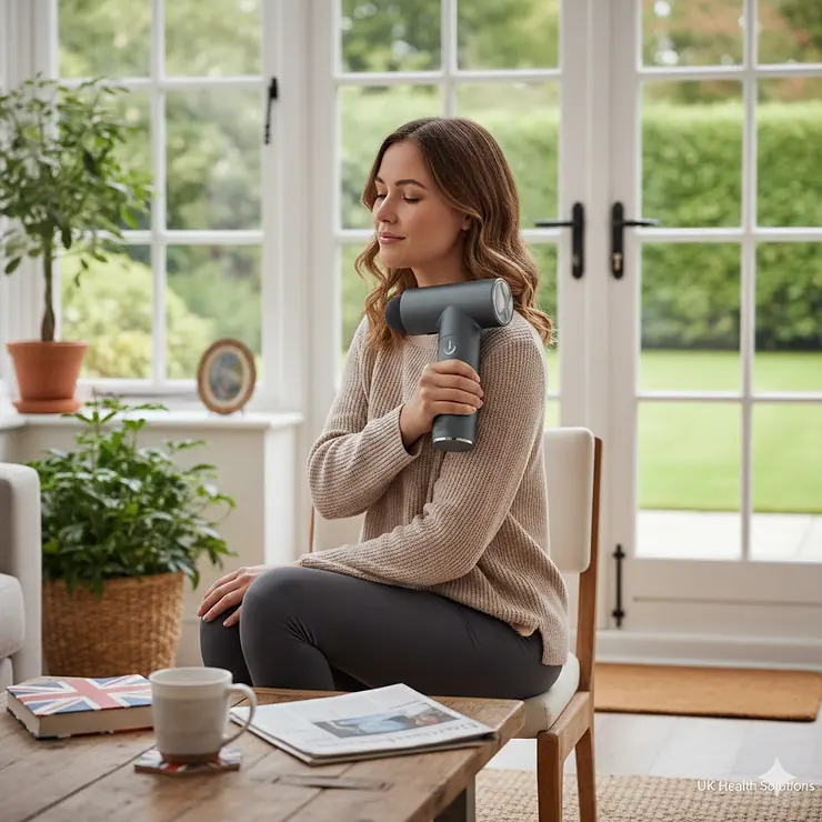 A woman in a bright, modern British home using a handheld deep tissue massager on her shoulder to manage fibromyalgia pain. deep tissue massager for fibromyalgia