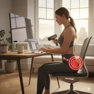 A professional working from home using a percussion massager to relieve hip stiffness and glute tension while sitting at a desk.