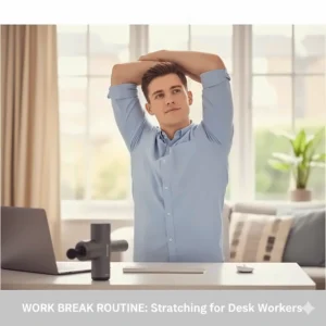 A UK professional performing a desk-break stretching routine at their workstation next to a massage device.