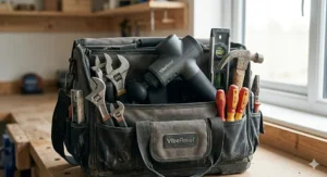 A photorealistic 4K close-up photograph looking down into an open, heavy-duty professional technician's canvas toolbag on a wooden workshop bench, with a rugged percussion massager tucked next to wrenches and screwdrivers.