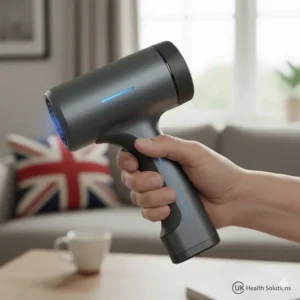 A close-up shot of a person's hand comfortably gripping the ergonomic, non-slip handle of a modern deep tissue massager.