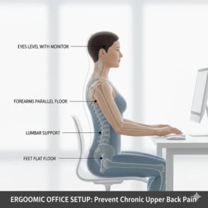 An illustration showing the correct ergonomic sitting posture at a desk to help prevent chronic upper back pain.