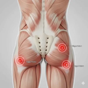 Detailed anatomical illustration of the gluteal muscles and sacrum highlighting specific trigger points for hip pain relief.