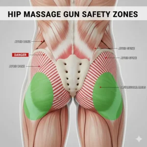 A safety guide illustration highlighting green zones for safe muscle massage and red danger zones to avoid bony areas and the spine.