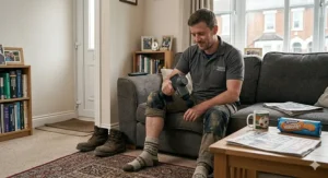 A photorealistic 4K photograph of a British tradesman in work trousers and thick socks sitting on a sofa in a typical UK living room, using a percussion massager on his leg after a long shift, with a cup of tea and a packet of biscuits nearby.