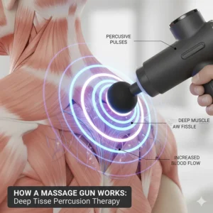 Close-up medical illustration of percussive therapy pulses from a massage gun penetrating deep muscle tissue.