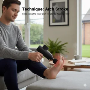 A photorealistic illustration showing the correct arch stroke technique, gliding a massage gun along the inner foot for plantar fasciitis relief.