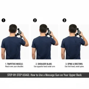 Step-by-step sequence showing an office worker safely applying a massage gun to their own traps and shoulder blades.