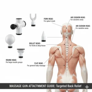 A guide to massage gun head attachments including the fork and bullet heads for targeted spinal and knot relief.