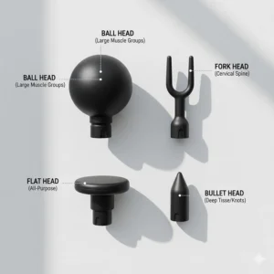 Alt text for image 4 Close-up of different massage gun attachments including the fork head designed for the cervical spine and neck muscles.