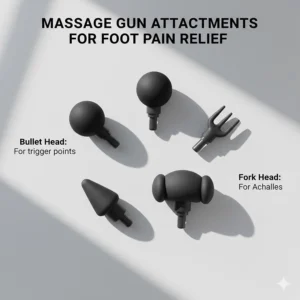 Various massage gun head attachments, including the bullet and fork heads, suitable for targeting trigger points and the Achilles tendon.