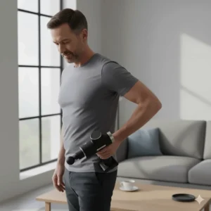 A person using a handheld percussion massager on their lower back to relieve aches after work.