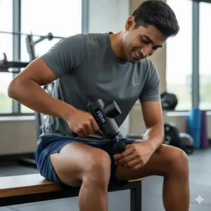 The large round ball attachment being used on the glutes for deep tissue therapy after a workout.