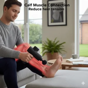 An image demonstrating the use of a massage gun on calf muscles to reduce tension on the heel and lower leg.