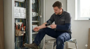 A photorealistic photograph of a British electrician in a work shirt using a dark grey percussion massager on his right forearm while sitting on a step stool in a complex electrical cupboard, showing visible relief on his face.