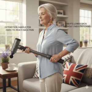 A senior woman using a massage gun with a long-reach extension handle to treat lower back pain comfortably without overstretching.