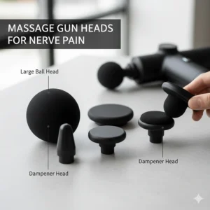 A selection of massage gun attachments including the dampener and large ball head for treating sensitive nerve areas.