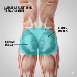 Anatomy diagram highlighting the gluteus maximus and piriformis muscles as key massage gun target zones for sciatica relief.